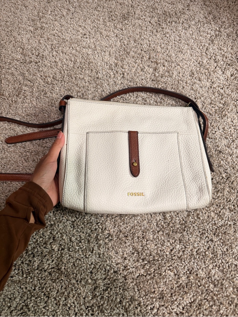 Fossil Cream Pebbled Leather Crossbody with Brown Trim